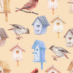 
Birdhouses wooden birds forest red cardinal sviestel patern seamless hand drawn watercolor, new year, christmas, nature print textile background