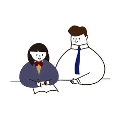 Vector illustration of a student girl in uniform and a teacher teaching study.