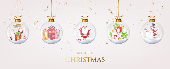Christmas and New Year greeting card with balls with snowman and Santa Claus and confetti.