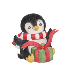 Watercolor illustration of a penguin with green present. For textile, poster, postcards etc. 
