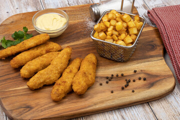 aiguillettes de poulet panées frites avec sauce et pommes de terre rissolées
