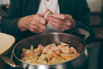 Hands pealing apples on the kitchen counter