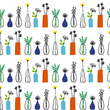 Seamless pattern of flower illustrations in a vase (white background, vector, transparent)