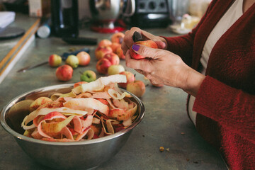Hands pealing apples on the kitchen counter
