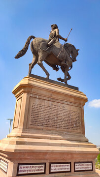 Statue of Rajasthani freedom fighter Veer Durgadaas Rathore with copy space blue sky