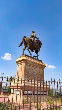 Statue of Rajasthani freedom fighter Veer Durgadaas Rathore with copy space blue sky