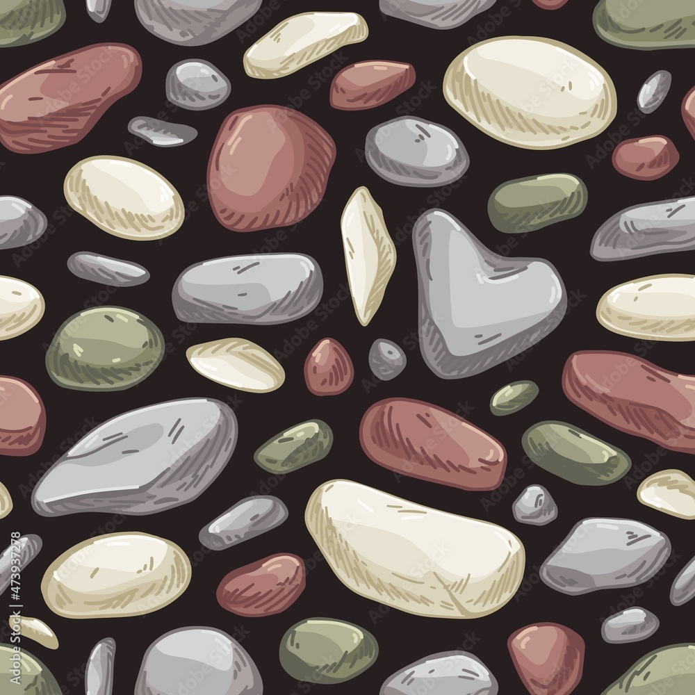 Poster Seamless stone pattern. Endless rock background with repeating cobbles print. Masonry texture with cobblestones and rubbles. Sett wrapping design. Hand-drawn vector illustration for decoration