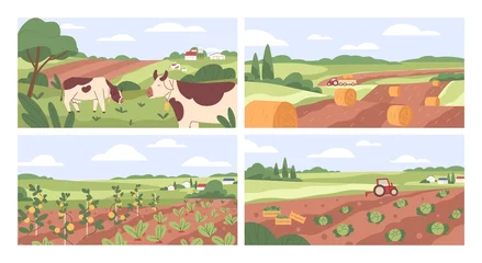 Gardinen Farmland landscapes set. Farms backgrounds with cows in pastures, grasslands, agriculture fields, vegetable gardens in countryside. Colored flat vector illustrations of village panoramic scenes © Good Studio