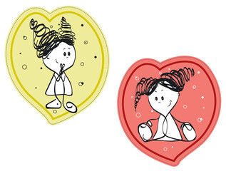 Two funny girls on a colored background. Sketch heart stickers.