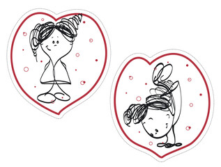Obraz premium Two funny girls on a white background. Stickers hearts sketch.