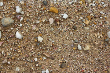 Industrial dry yellow rough sand with small stones on construction site - industrial background texture