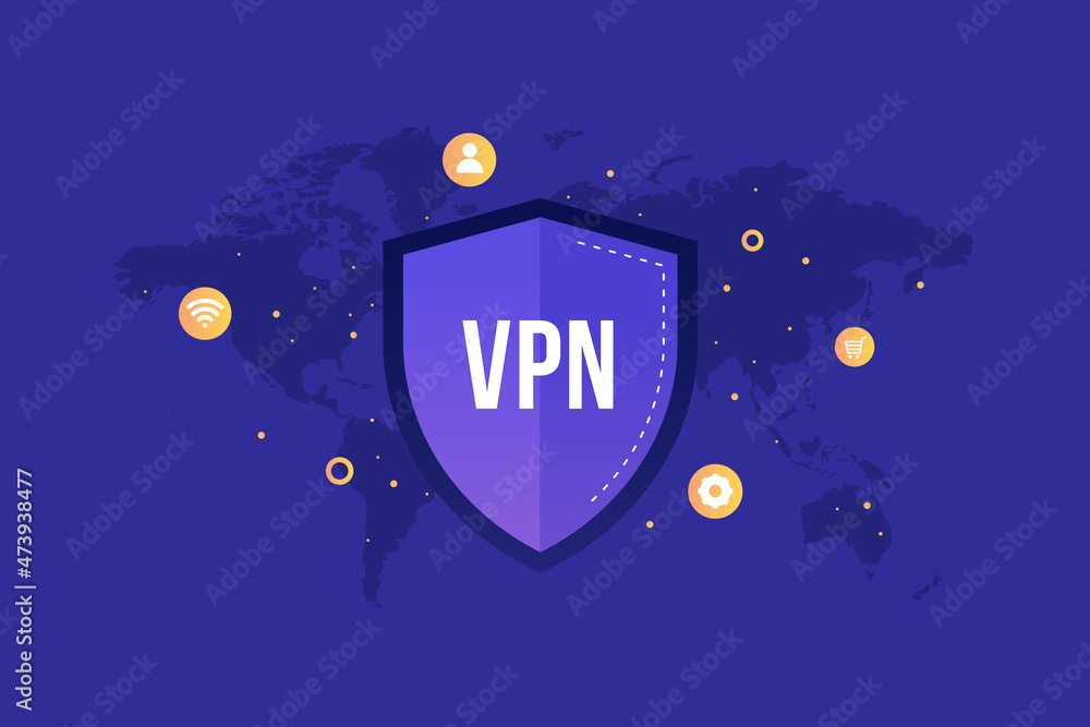 Poster vpn icon - virtual private network. vpn symbol on the background of the world map. safe computer tec