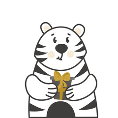 Tiger with gift. Symbol of 2022. Vector Christmas illustration with space for text. Ideal for printing, design, postcards, posters, invitations.