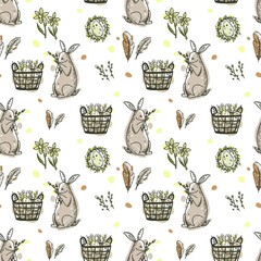 Cute Easter doodle seamless pattern with bunny, basket, easter eggs, and candles. Vector hand drawn illustration