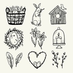 Cute Easter doodle seamless pattern with bunny, basket, easter eggs, and candles. Vector hand drawn illustration