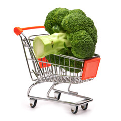 Fresh natural organic broccoli in shopping cart isolated on white background