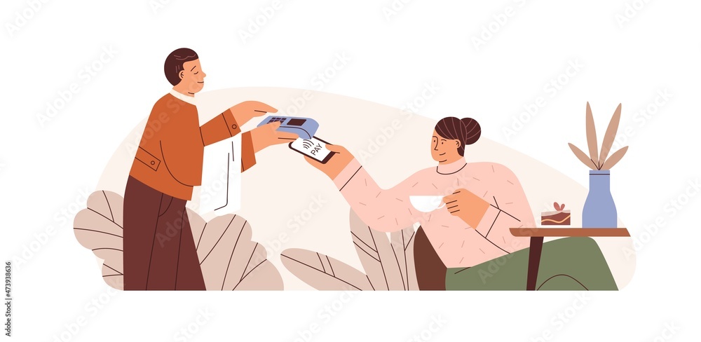 Poster cashless payment by mobile phone in cafe. customer paying for coffee with smartphone, using contactl