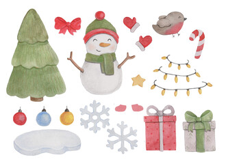 Illustrations of Christmas elements. Hand-drawn in watercolor. For postcards, stickers and other decoration.