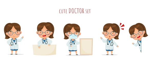 Set with a doctor in a white coat for design. Woman shows, looks out, holds a poster, attracts attention