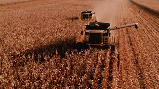 4K AERIAL FOOTAGE OF COMBINE OPERATION WITH SUPPORTING TRACTORS REAPING WEATH IN QUEBEC CANADA