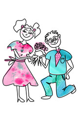 Funny doodle couple with bouquet. Girl and boy caricature on white background