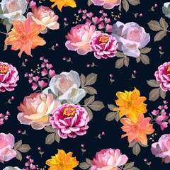 Embroidery seamless pattern with beautiful bouquets of flowers on black background. Luxury fashion design. Vector illustration.