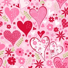 Cute seamless pattern with hearts and flowers in pink colors. Beautiful vector design for Valentines day.