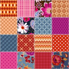 Colorful seamless patchwork pattern with flowers and geometric ornaments. Quilt design from sewn square patches.