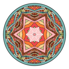 Decorative plate with colorful ornament with mandala. Round carpet or rug. Vector illustration.