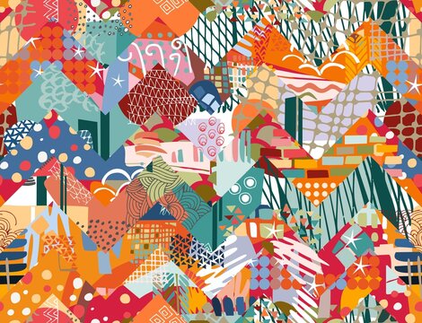 Colorful seamless patchwork pattern from zigzag patches with abstract ornaments. Vector illustration