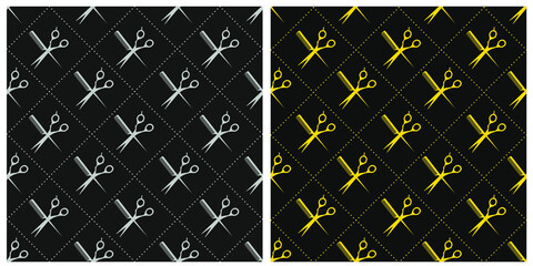A set of vector seamless patterns. Barber tools scissors and comb in gold and silver color on dark isolated background. 