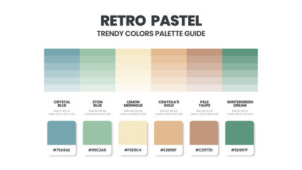 Retro color schemes. Color Trends combinations and palette guide. Example of table color shades in RGB and HEX. Color swatch for fashion, home, interiors design 2022. Colour chart idea vector.