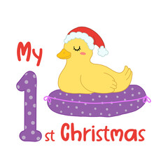 Baby Christmas with cute cartoon duck in santa hat. My first Xmas for baby shirts, print, greeting card. Vector isolated illustration.