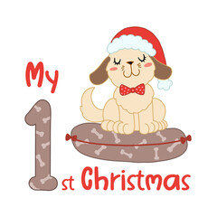 Baby Christmas with cute cartoon dog in santa hat. My first Xmas for baby shirts, print, greeting card. Vector isolated illustration.