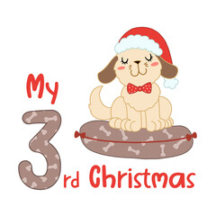 Baby Christmas with cute cartoon dog in santa hat. My third Xmas for baby shirts, print, greeting card. Vector isolated illustration.