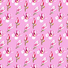 Watercolor pattern with magnolias on a pink background 8