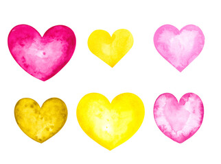 Watercolor hearts of pink, green, yellow colors 2