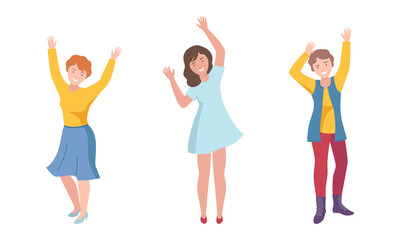 Obraz premium Happy people standing raising hands up set. Young women dancing, celebrating, supporting, participating vector illustration