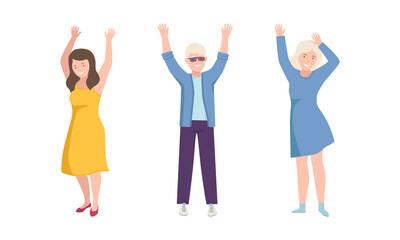 Happy people standing raising hands up, Young women and man dancing, celebrating, supporting, participating vector illustration