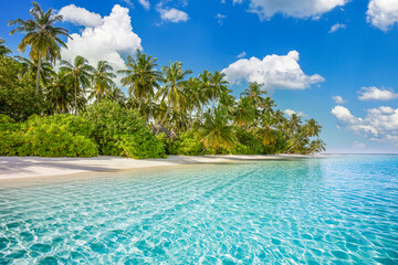 Island panorama, tropical resort in Maldives or French Polynesia, Tahiti. Horizon of panoramic beach, palm trees, white sand, ocean lagoon landscape of paradise beach. Luxury traveling vacation banner - obrazy, fototapety, plakaty