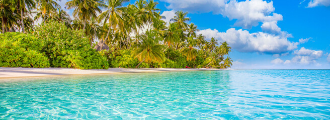 Island panorama, tropical resort in Maldives or French Polynesia, Tahiti. Horizon of panoramic beach, palm trees, white sand, ocean lagoon landscape of paradise beach. Luxury traveling vacation banner
