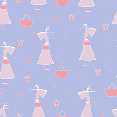 Seamless background, pattern. Stylish vector illustration with hearts, fashion accessories and crowns. Template with design elements for women's clothing, wrapping papers, for valentine's day.