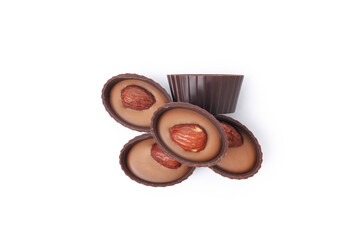 Chocolate candies with almond isolated on white background
