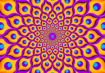 Yellow flower from feathers of peacock. Flower blossom. Optical expansion illusion.