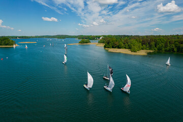 Aerial summer day view of Galve Lake Yacht Regatta, Trakai, Lithuania