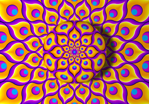 Yellow background from feathers of peacock with growing sphere. Optical expansion illusion.