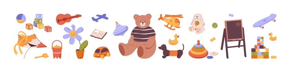 Kids toys set. Cute duck, car, blocks, ball and bear for babies. Chalkboard, book, helicopter and kite for playing. Nursery games. Colored flat vector illustration isolated on white background
