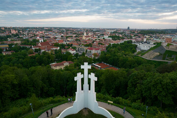 Aerial summer spring evening sunset view in sunny Vilnius old town