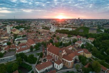 Fototapeta premium Aerial summer spring evening sunset view in sunny Vilnius old town
