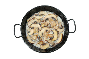 Bowl with mushroom sauce isolated on white background